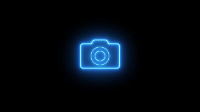 Glowing neon camera icon isolated , recording, and film themes. camera frame pictogram photograph animated on black background.