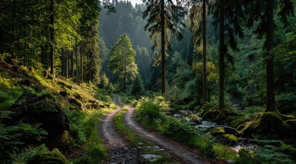 Sunlit forest path winding through dense trees