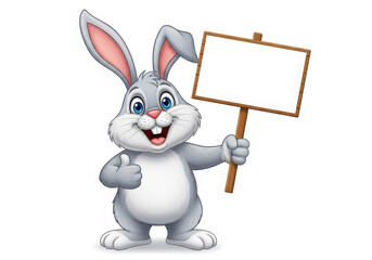 Obraz premium Happy cartoon bunny holding a blank sign and giving a thumbs up