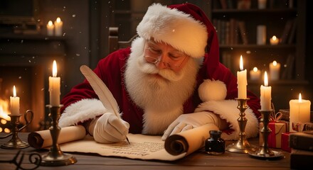 Santa Claus writing Christmas letters by candlelight