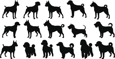Collection of various dog breed silhouettes in standing poses, black vector illustration of domestic pets for design, artwork, posters and decoration