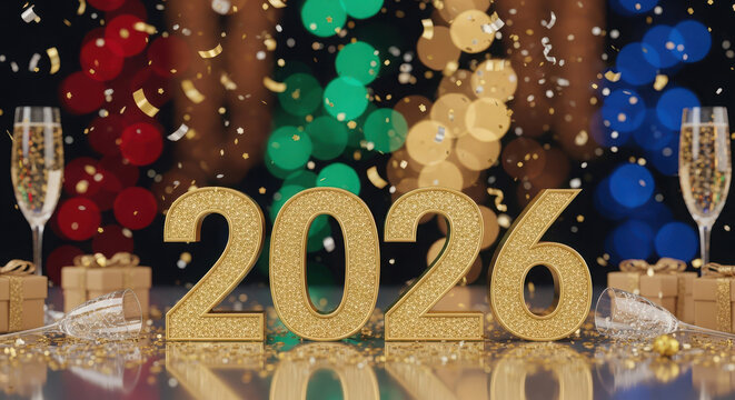 Golden 2026 numbers with champagne and confetti for new year s eve celebration