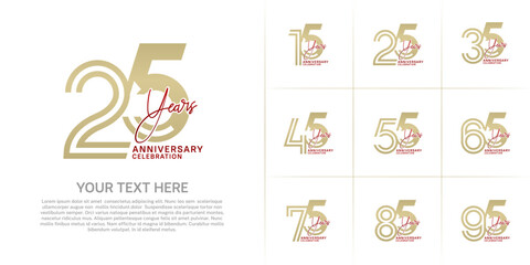 Anniversary set design with double line number and handwriting. gold and red color for celebration event