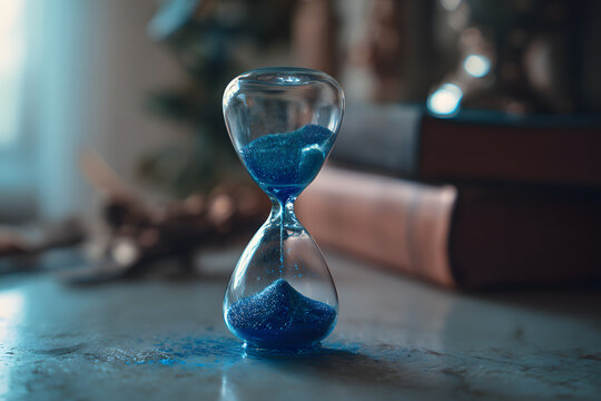 a hourglass with blue sand sitting on a table
