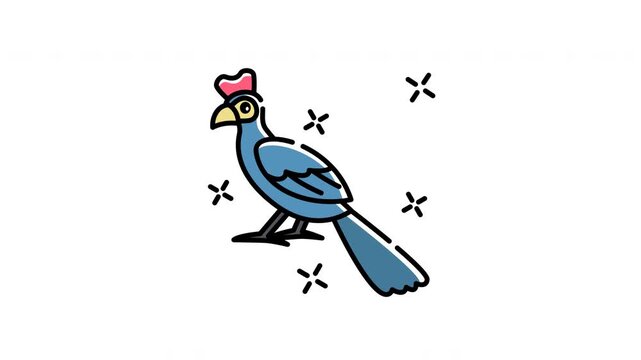 icon animation of Turaco bird a vibrant blue avian with a red crest dances amongst twinkling stars.