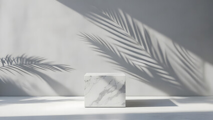 Minimalist scene with a marble cube pedestal casting shadows from palm leaves