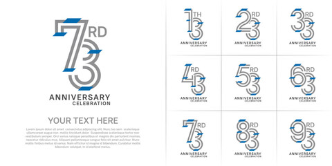Anniversary set design with double line number. grey color with blue confetti for celebration event