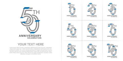 Anniversary set design with double line number. grey color with blue confetti for celebration event