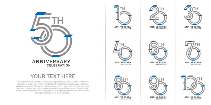 Anniversary set design with double line number. grey color with blue confetti for celebration event