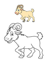 Cute cartoon goat illustration with both colored and black-and-white versions. Perfect for coloring books, farm animal education, children’s learning media, and printable worksheets. Great asset for t
