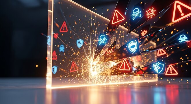 Cybersecurity shield shattering under attack, revealing digital vulnerabilities and the urgent need for robust data protection measures against online threats and malware