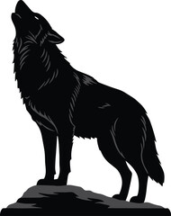 Howling wolf silhouette illustration standing on rock, wild animal vector artwork for forest, nature, wildlife and wilderness themed design