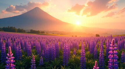 Obraz premium Beautiful sunrise over mountain with purple lupine flower field, scenic nature landscape with colorful flowers and sunlight view 