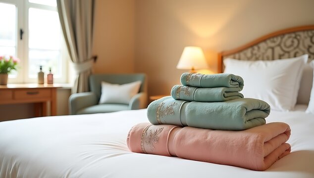 A neatly arranged set of fresh towels on a bed in a cozy room, symbolizing hospitality.
