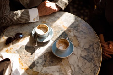 Business travelers pausing at a stylish café table, coffee art adds charm to the moment, the mood feels relaxed and pleasant, Generative AI