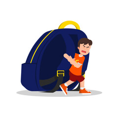 Cute boy struggles to pull an oversized school bag