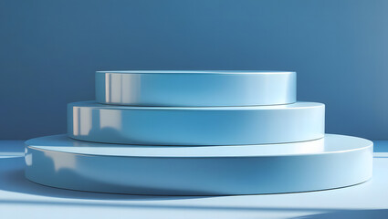 Minimalist three tiered cylindrical podium with soft blue lighting and shadows