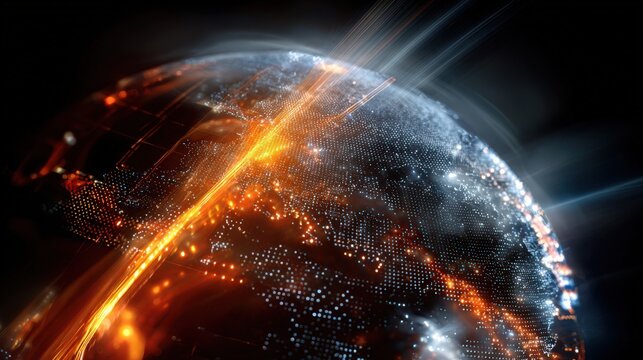 Futuristic digital sphere with glowing data streams on dark background