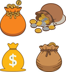 Set of Money Bag Vector Icons with Gold Coins