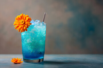 a blue drink with a flower in it