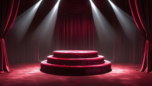 Empty tiered stage podium illuminated by spotlights with rich red velvet curtains and floor