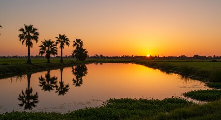 A Serene Tropical Scene with a Sunset and Palm Trees