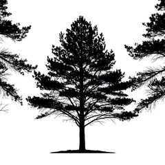 Silhouette of a Pine Tree in a Forest Setting, Black and White, Isolated on White Background, Pine Tree Siluet