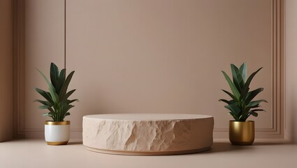 Minimalist interior scene featuring a textured stone podium flanked by potted plants in gold and white planters