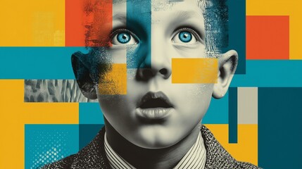 Surreal portrait of child with abstract geometric shapes on face, symbolizing ADHD, neurodiversity, psychology, creativity, education, childhood imagination and mental health awareness concept.