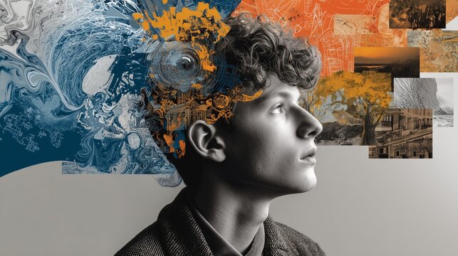 Conceptual portrait of young man with abstract waves and images exploding from head, symbolizing ADHD, neurodiversity, creativity, psychology, imagination, learning and mental health awareness.