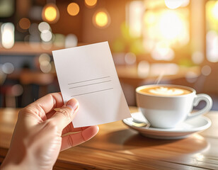 Hand holding a blank cafe receipt with coffee in background, natural realistic lighting mockup
