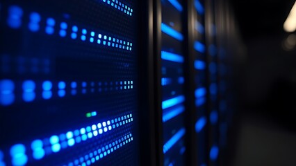 Fototapeta premium Close-up of glowing blue server rack lights creating an abstract technological pattern on a dark background.