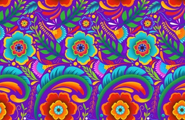 Seamless colorful floral pattern, vibrant folk art flowers and leaves, ornamental ethnic design background
