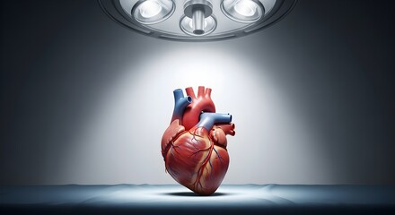 Human heart organ under a bright surgical spotlight in a medical operating room, representing cardiology and organ donation