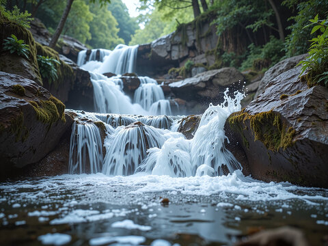 A slow-shutter capture of a waterfall over mossy rocks, pure refreshment.