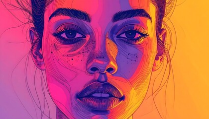 Vibrant Portrait of a Woman with Freckles in Bold Hues