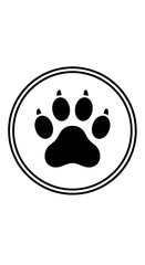 A simple, black silhouette of a paw print, encircled by a double line, is presented on a plain white background.