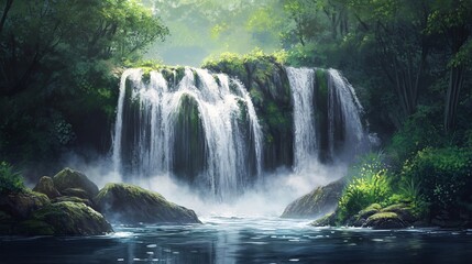 Fototapeta premium Serene Waterfall: Lush Forest, Cascading Water, Impressionistic Style