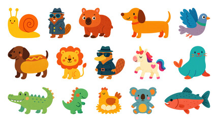 Fototapeta premium PNG Colorful cartoon animal illustrations, element set on transparent background