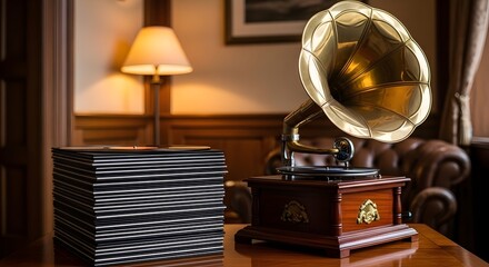 A vintage gramophone sits on a table next to a stack of records, illuminated by a warm lamp.