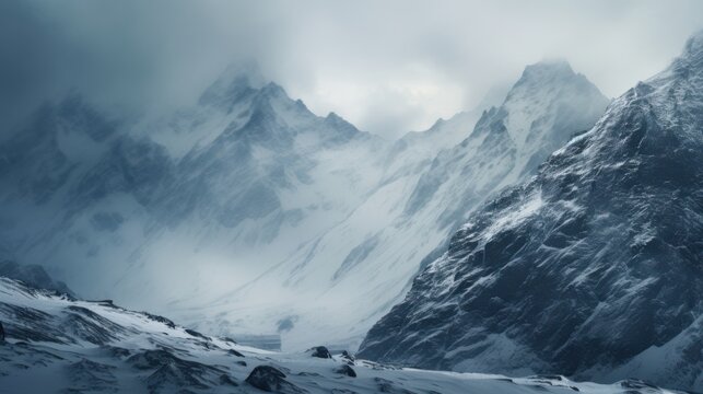 Snowy mountain peaks shrouded in mist and clouds image