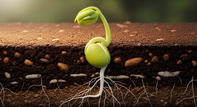 A close-up illustration shows a sprouting seed with roots growing in rich, dark soil.
