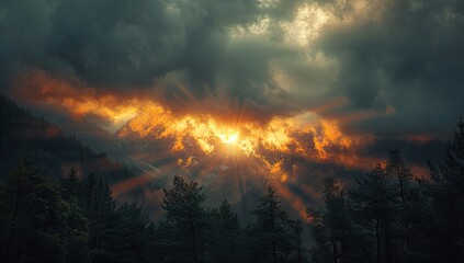 Majestic sunset over a dense forest with dramatic clouds illuminating the sky