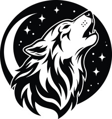 Howling wolf head silhouette with moon and stars, mystical night animal illustration, vector design symbolizing wilderness, nature, freedom and strength