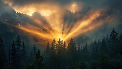 Fototapeta premium Majestic sunrise illuminating a misty forest landscape with dramatic mountain backdrop