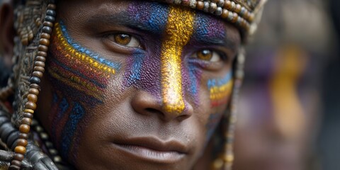 Intricate face paint adorns a person's face in this striking portrait, displaying artistry and cultural heritage.