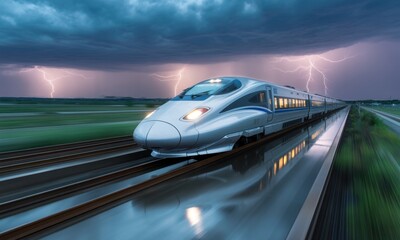 Fototapeta premium High speed bullet train racing on tracks under a dramatic stormy sky with lightning