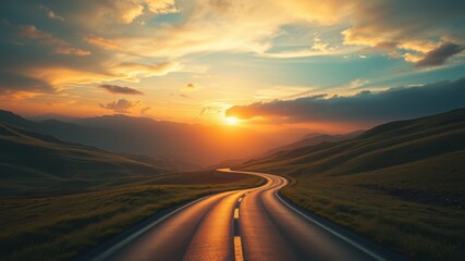 Fototapeta premium A winding road stretches towards a vibrant sunset over rolling hills and a cloudy sky horizon view