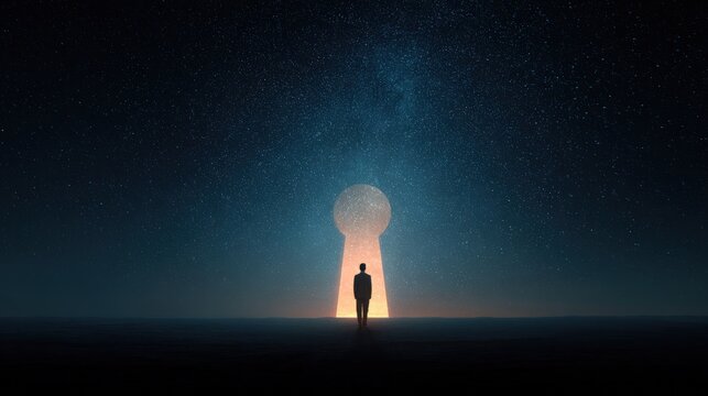Fototapeta Mystery of the Unknown: A lone silhouette of a person stands before a surreal keyhole. Bathed in a mysterious, celestial glow, peering into the unknown, sparking curiosity and intrigue. Generative Ai