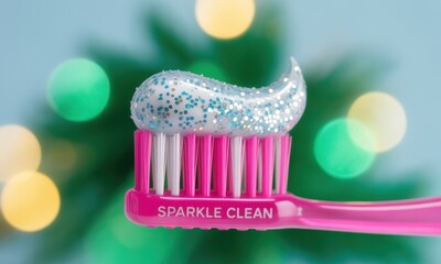 Bright pink toothbrush with sparkling glitter toothpaste and festive bokeh lights